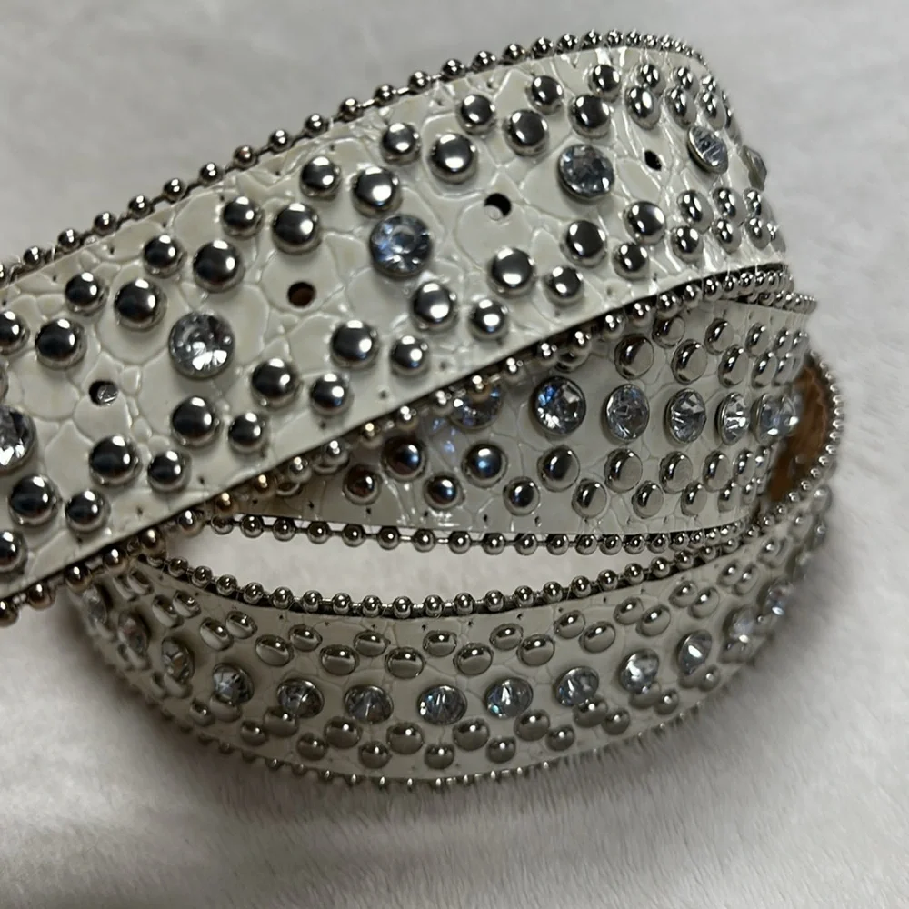 Beautiful White Rhinestones and Studs Belt Silver Buckle Western Sparkle XXL